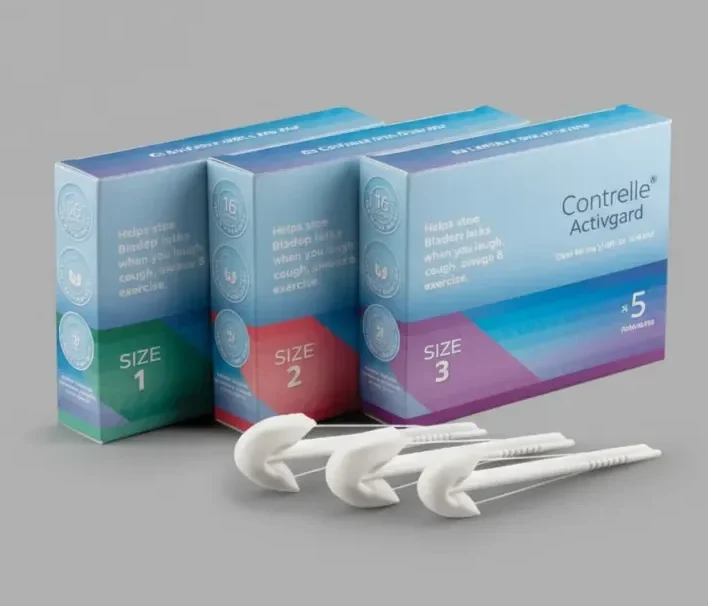 Photograph of three Contrelle Activgard boxes (Sizes 1, 2, 3) and three white devices. Boxes state 'Helps stop Bladder leaks' and '*5'.